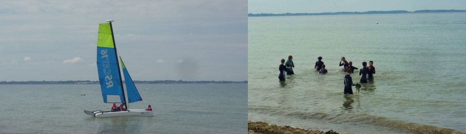 Segelboot im Meer und Kinder planschen im Wasser