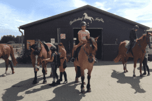 Mädchen auf Pferd vor Stall