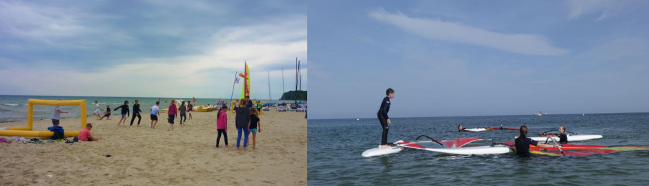 Beachsoccer am Strand und Windsurfern im Meer
