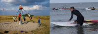 Kinder auf einem Spielplatz und Junge mit Windsurfboard im Wasser