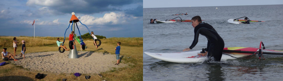 Kinder auf einem Spielplatz und Junge mit Windsurfboard im Wasser