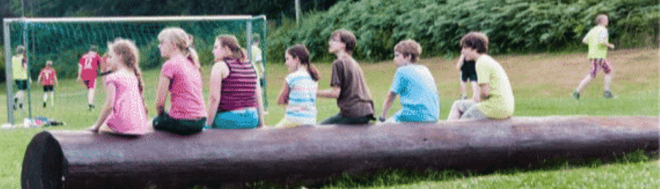 Kinder sitzen auf Baumstamm und gucken Fußball