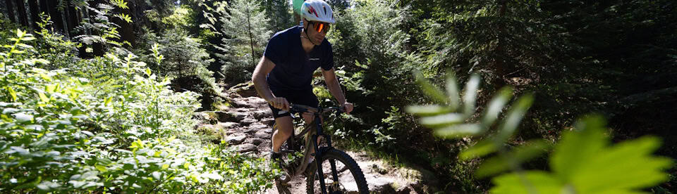 Junge beim Mountainbike fahren im Wald