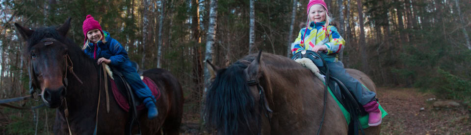 Zwei Mädchen beim Reiten am Waldrand