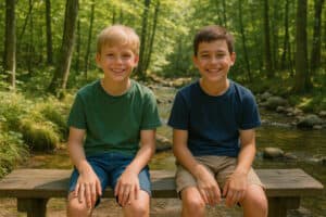 Die Jungs haben Spaß im Wald