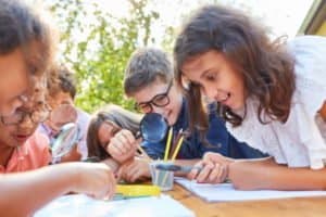 Eine Gruppe von Kinder arbeitet gemeinsam mit Lupen am Tisch