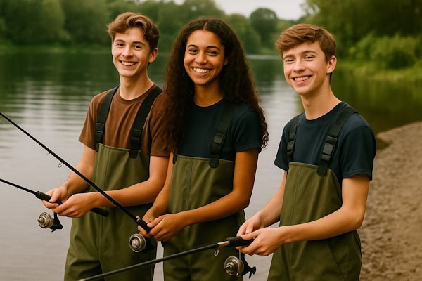 3 Jugendliche im Abenteurcamp mit Angeln am See