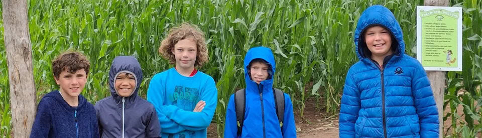 Jungs vor dem Maislabyrinth