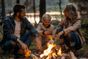 Familie sitzt am Lagerfeuer