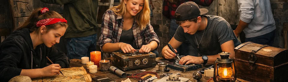 Drei Jugendliche beim Erschaffen des Escape Rooms