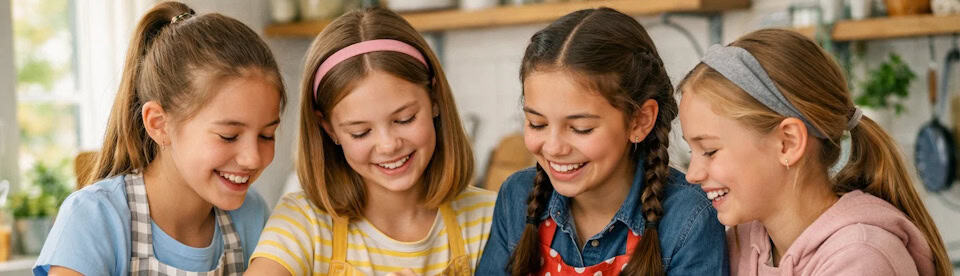 Vier Mädchen am lachen beim Kochen