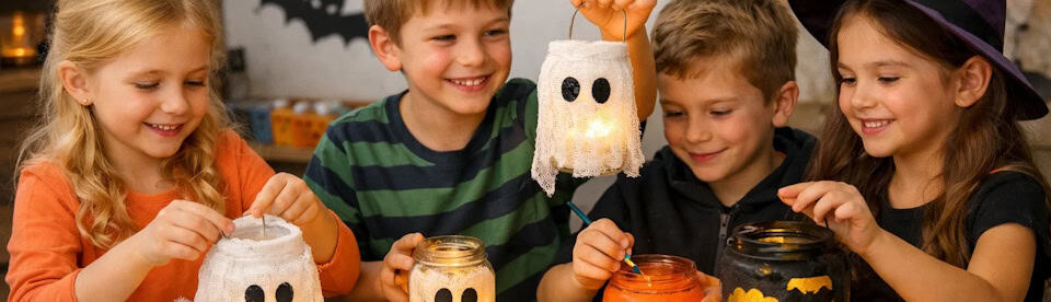 Kinder basteln gemeinsam Geisterlichter