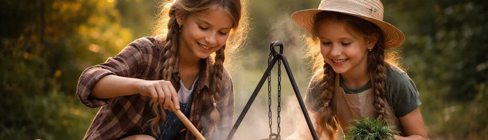 Zwei Mädchen kochen gemeinsam über einem Feuer