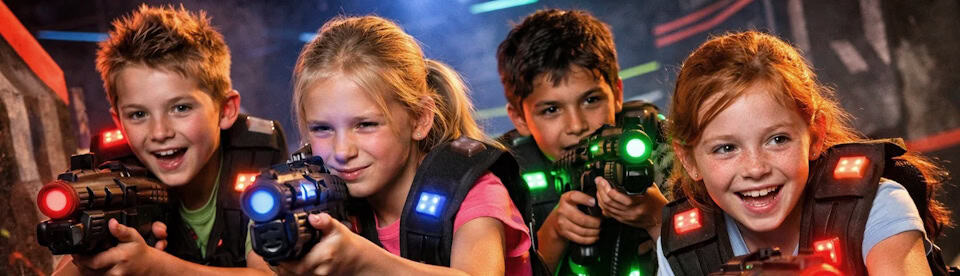 4 Kinder beim Lasertag spielen