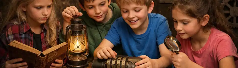 4 Kinder beim Rätsel lösen im Escaperoom