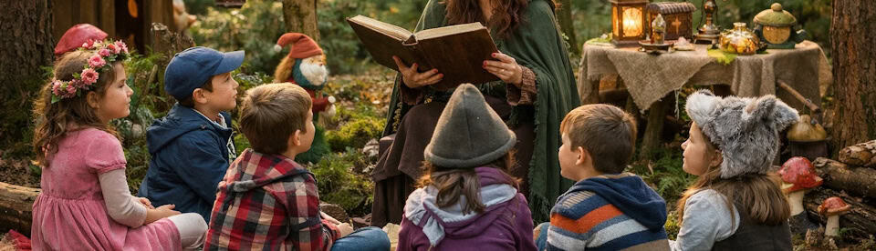 Kinder lauschen Märchen im Wald