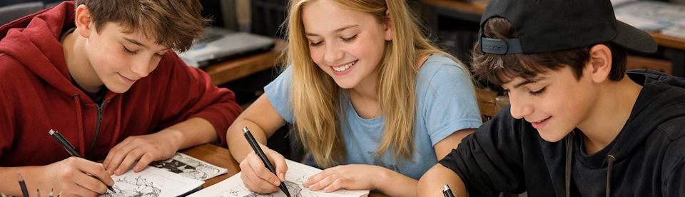 Drei Jugendliche am Comic zeichnen