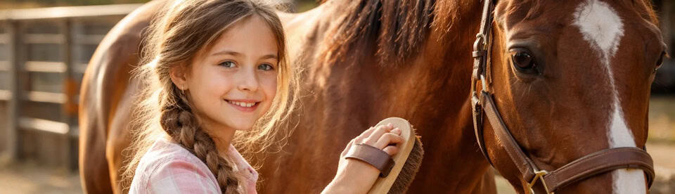 Mädchen kämmt Pferd