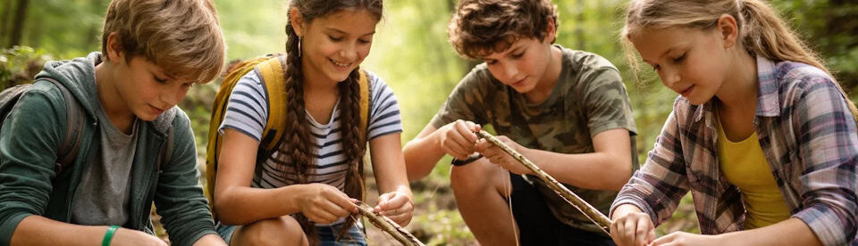 Teilnehmer bauen Bogen aus Naturmaterialien