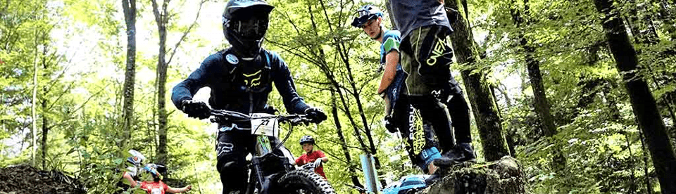 Mountainbiker fährt durch Wald