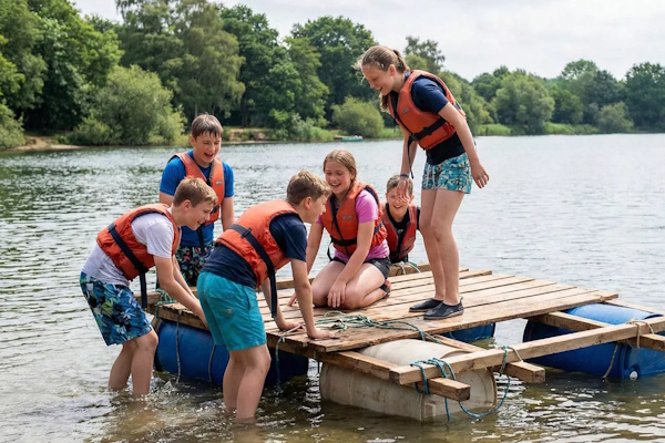 Kinder am Floß bauen im Sport Daycamp
