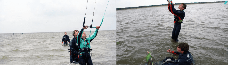 Betreuer unterstützt die Kinder beim Kiteboarding