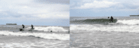 Kinder surfen auf den Wellen im Meer in Holland