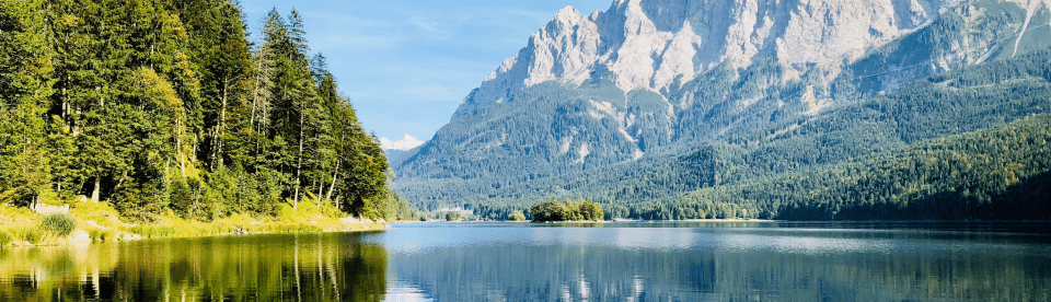 See mit Wald vor Bergen