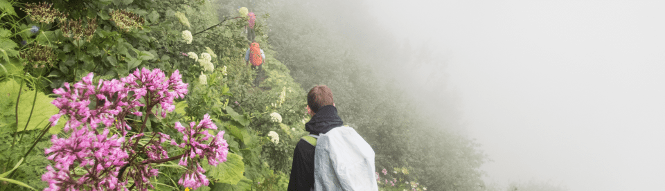 Junge wandert bei Nebel