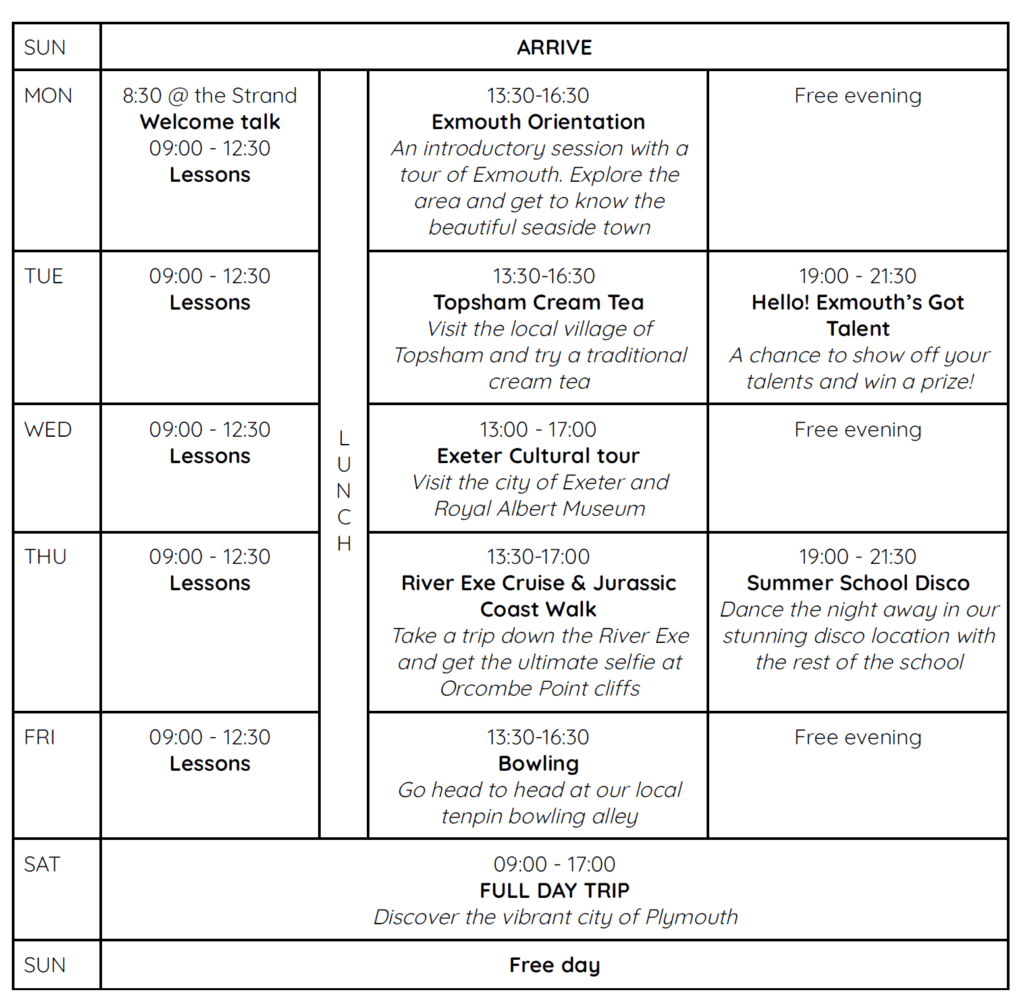 Summer School Plan Exmouth 2. Woche