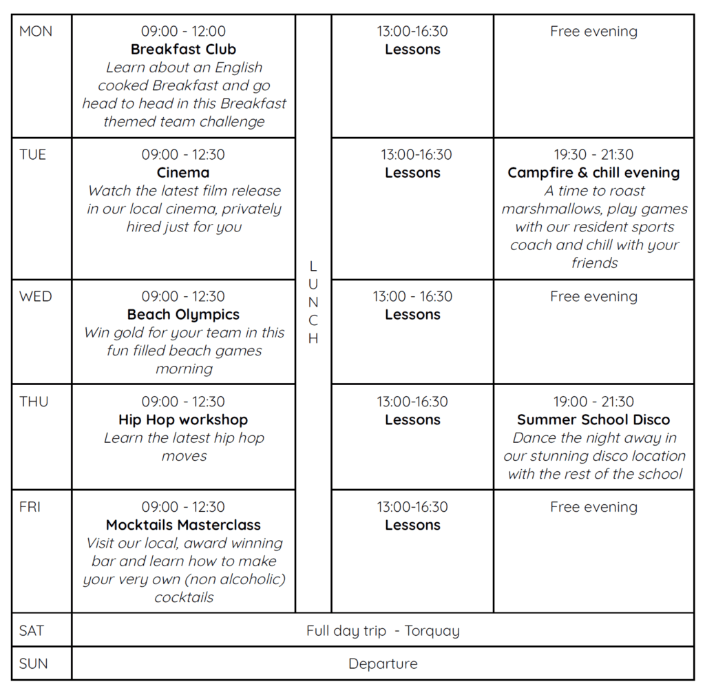 Summer School Plan Exmouth 1. Woche