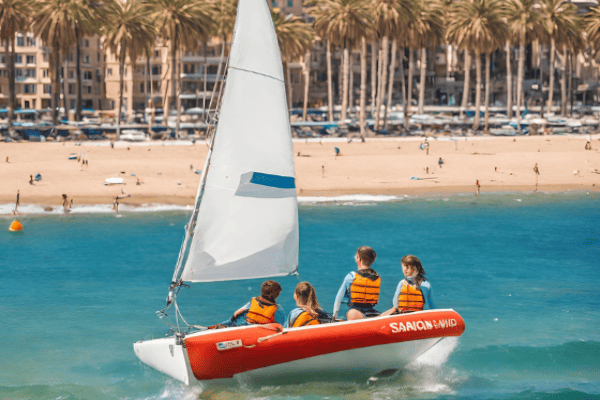 Vier Kinder auf einem orangenem Segelboot im Meer vor dem Strand von Barcelona