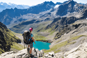 Jugendlicher Blick auf Bergsee im Wandercamp