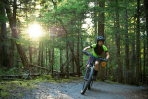 Junge im Wald auf einem Mountainbike