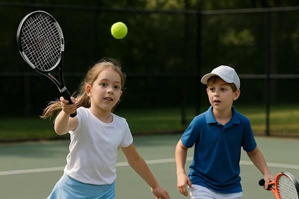 Zwei Kinder spielen Tennis