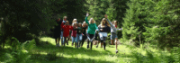 Kindergruppe läuft durch Wald
